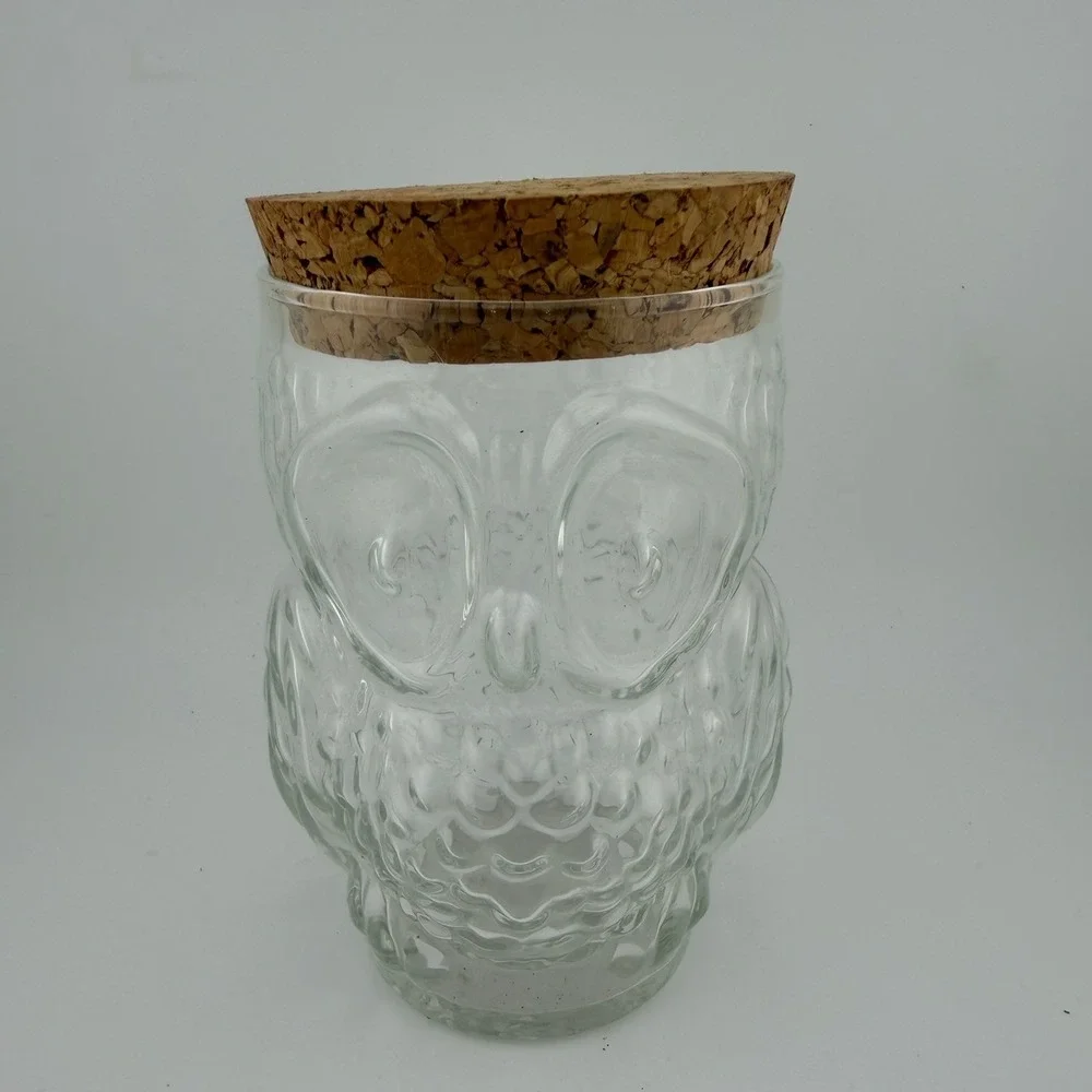 Clear Textured Glass‎ Owl Jar with Cork Stopper Lid Farmhouse Kitchen Storage